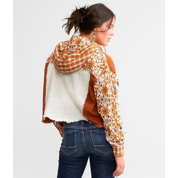 Miss Me Floral Pieced Denim Jacket size S Boho Multi Orange Hooded Crochet Cropp - Picture 3 of 14